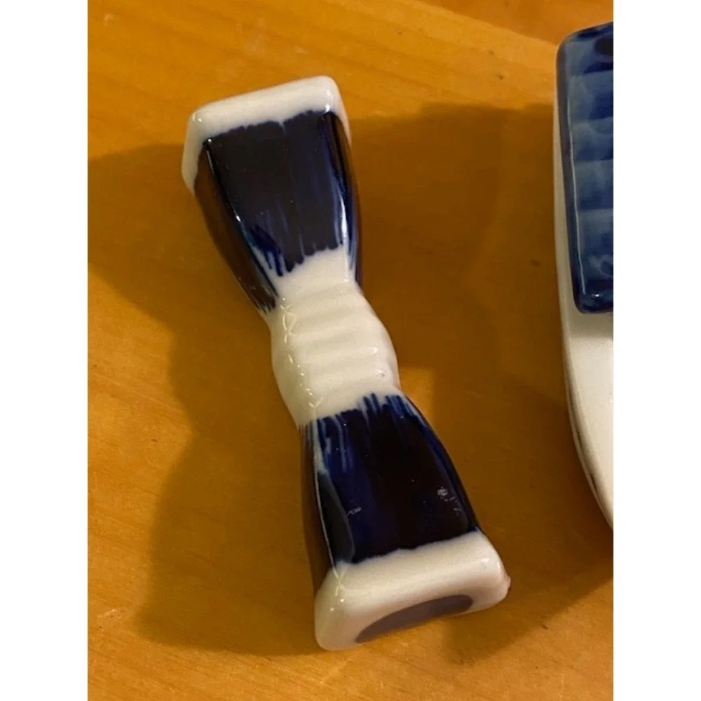 Vintage Chopstick Rest Set 5pc Blue White Porcelain Rabbit Radish Bamboo Boat